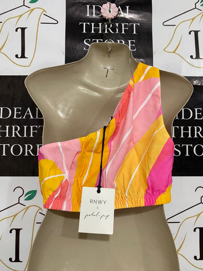 PETOL PUP |S| BUST 16| A33| PINK, YELLOW & ORANGE ABSTRACT STRIPE ONE-SHOULDER CROP TOP