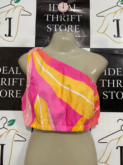 PETOL PUP |S| BUST 16| A33| PINK, YELLOW & ORANGE ABSTRACT STRIPE ONE-SHOULDER CROP TOP