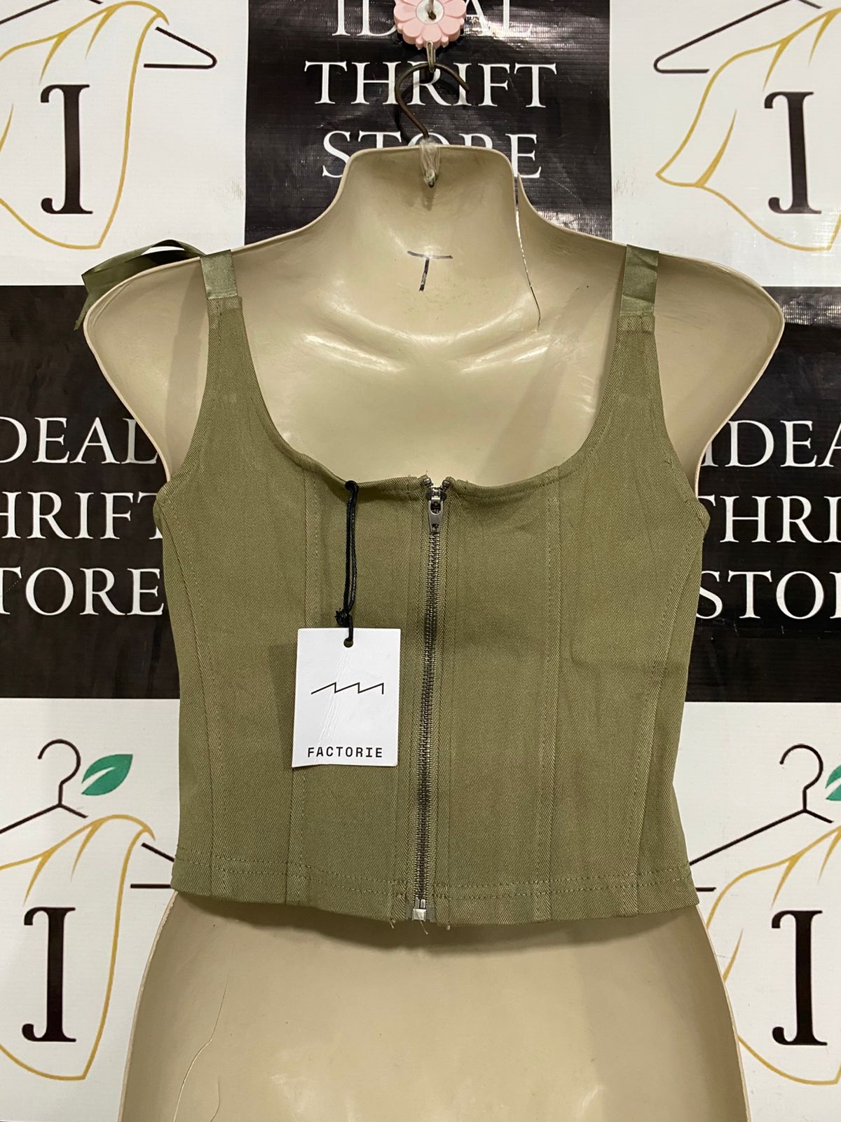 FACTORIE |S| BUST 15| A33| OLIVE GREEN TIE-STRAP SEAMED CORSET CROP TOP