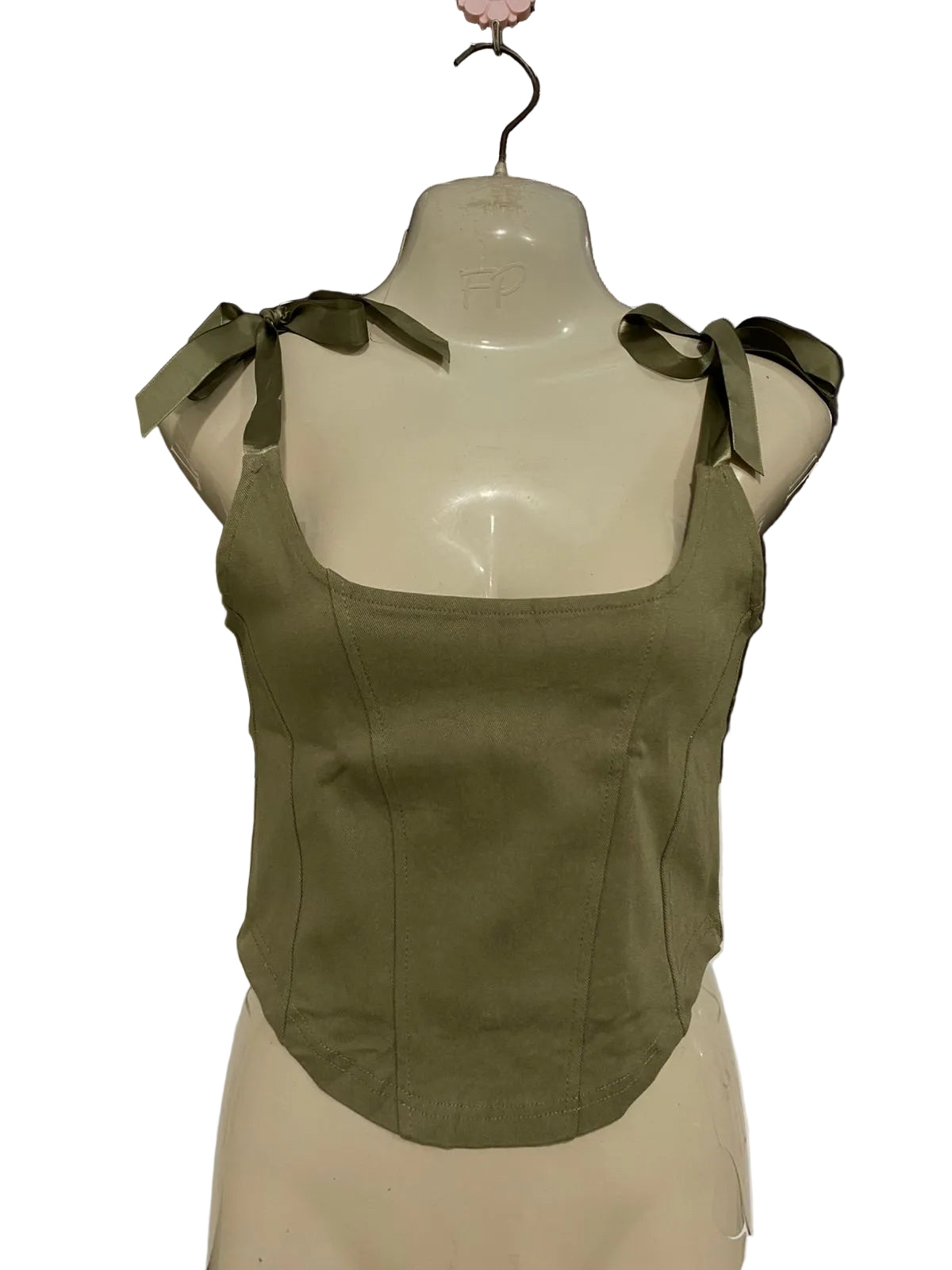 FACTORIE |S| BUST 15| A33| OLIVE GREEN TIE-STRAP SEAMED CORSET CROP TOP