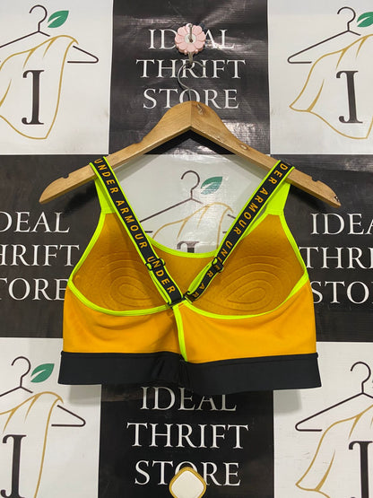 UNDER ARMOUR |XL| BUST 16| A33| MUSTARD YELLOW & BLACK BRANDED-STRAP SPORTS BRA
