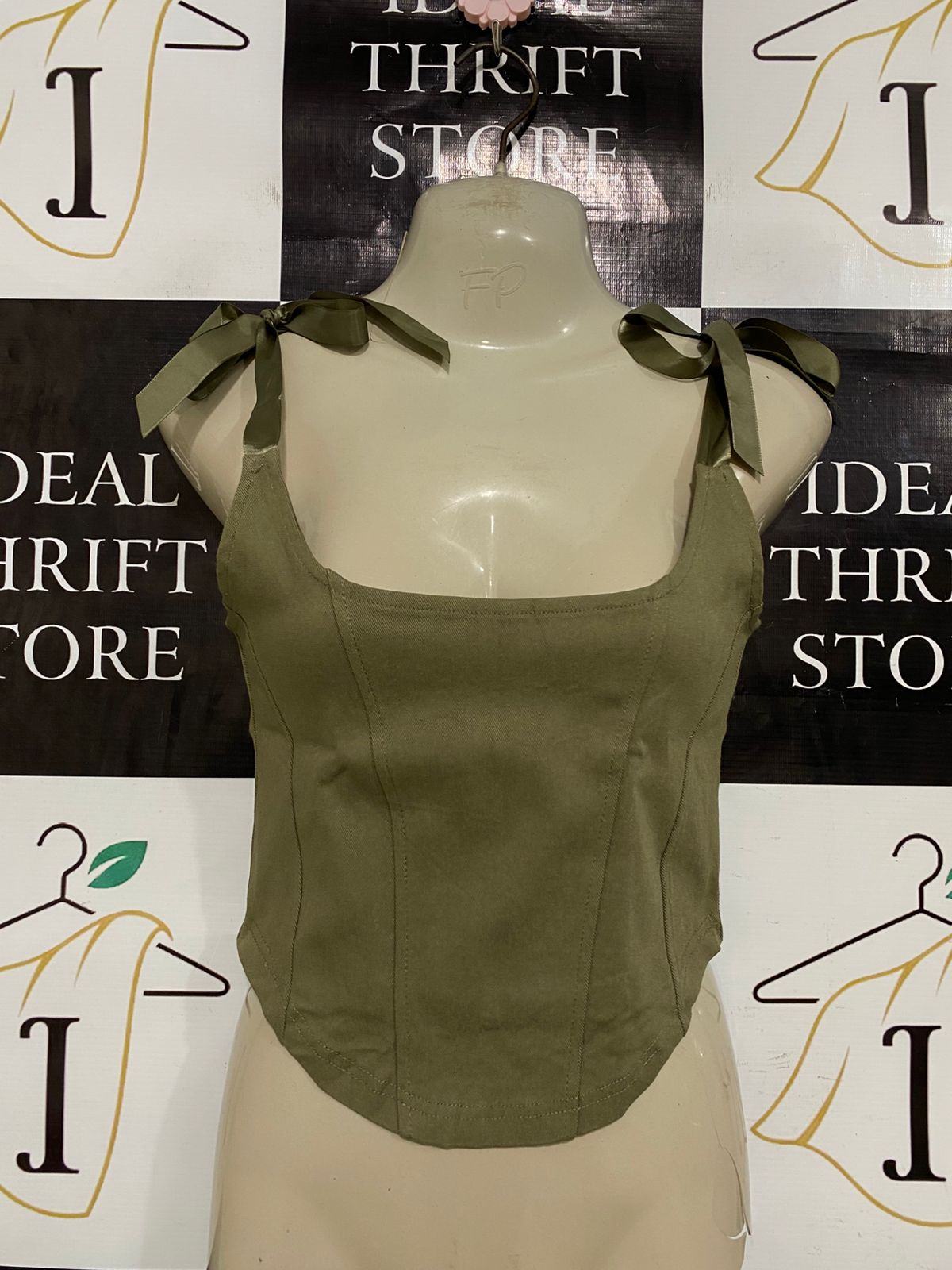 FACTORIE |S| BUST 15| A33| OLIVE GREEN TIE-STRAP SEAMED CORSET CROP TOP
