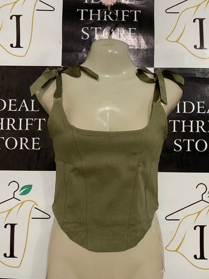 FACTORIE |S| BUST 15| A33| OLIVE GREEN TIE-STRAP SEAMED CORSET CROP TOP