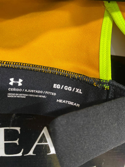 UNDER ARMOUR |XL| BUST 16| A33| MUSTARD YELLOW & BLACK BRANDED-STRAP SPORTS BRA