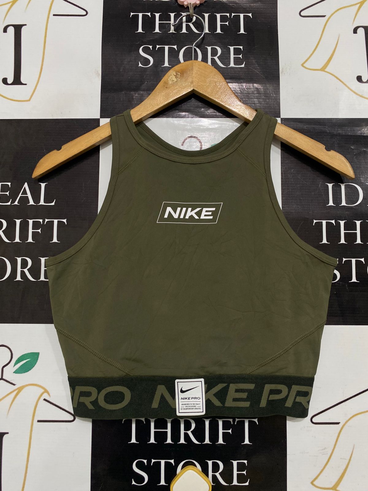 NIKE |S| BUST 15| A33| OLIVE GREEN & BLACK BOX-LOGO ACTIVE CROP TOP