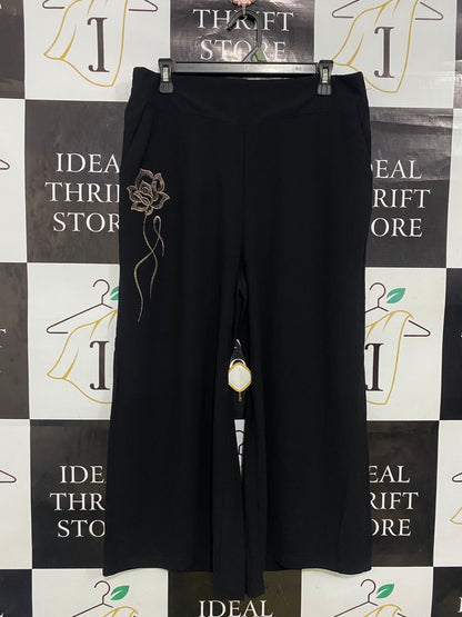 |L| WAIST 32| A33| BLACK EMBROIDERED ROSE WIDE-LEG LOUNGE PANTS
