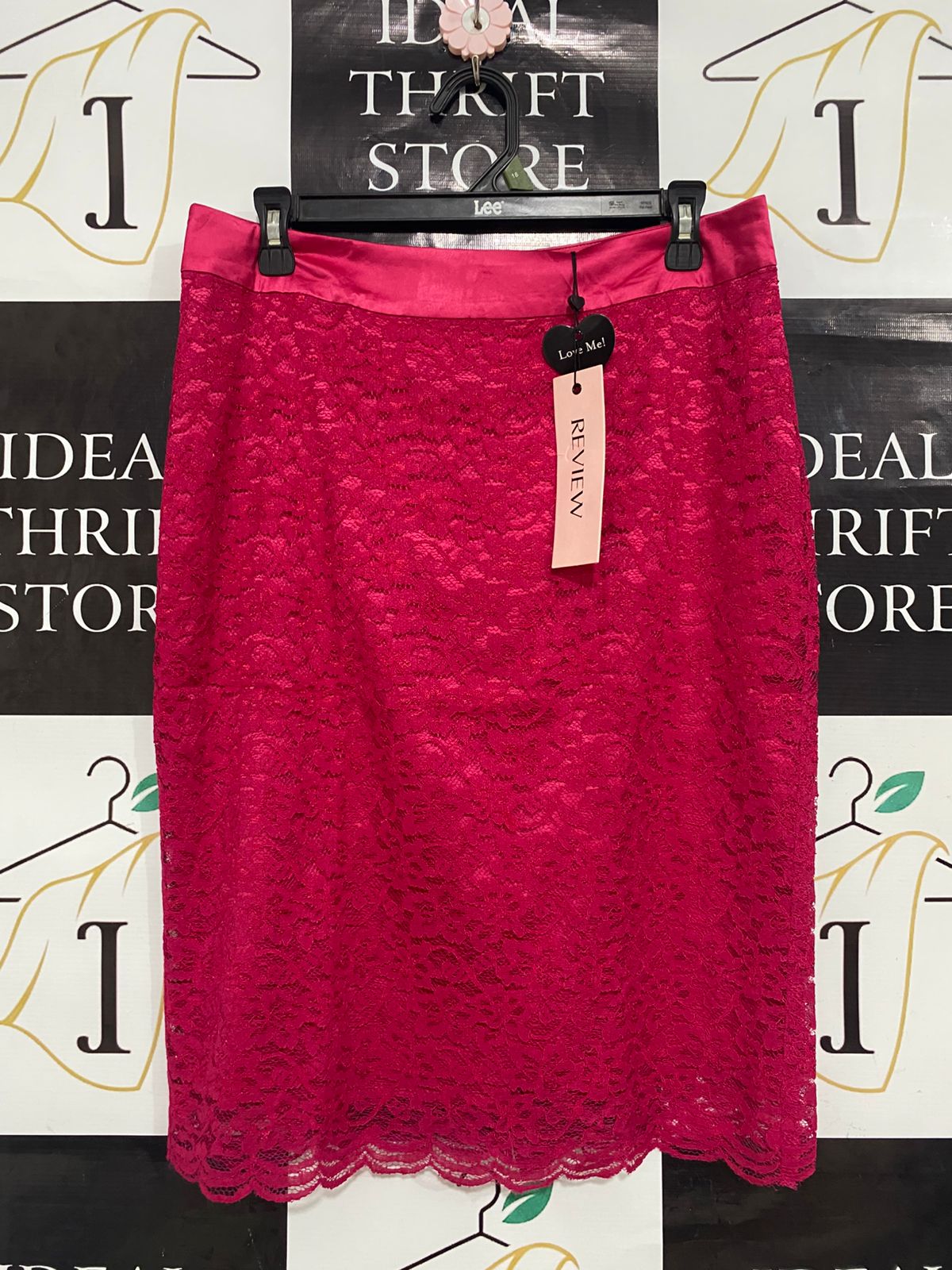 REVIEW |L| WAIST 31| A33| REVIEW MAGENTA LACE HIGH-WAIST SCALLOPED MIDI SKIRT