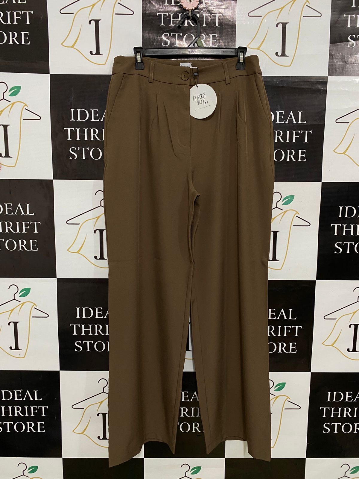 PRINCESS POLLY |L| WAIST 32| A33| KHAKI BROWN TAILORED WIDE-LEG TROUSERS