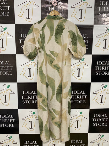 SHEIN |S| BUST 17| A33| BEIGE & GREEN BOTANICAL LEAF PRINT BUTTON-FRONT MIDI DRESS