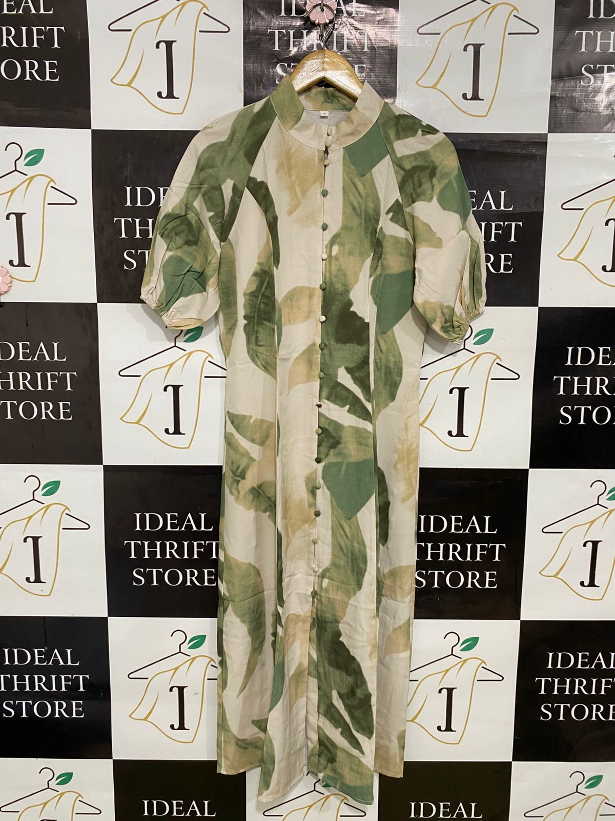 SHEIN |S| BUST 17| A33| BEIGE & GREEN BOTANICAL LEAF PRINT BUTTON-FRONT MIDI DRESS