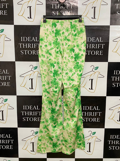 PEIMARK |S| WAIST 26| A33| GREEN & BEIGE FLORAL HIGH-WAIST FLARED TROUSERS