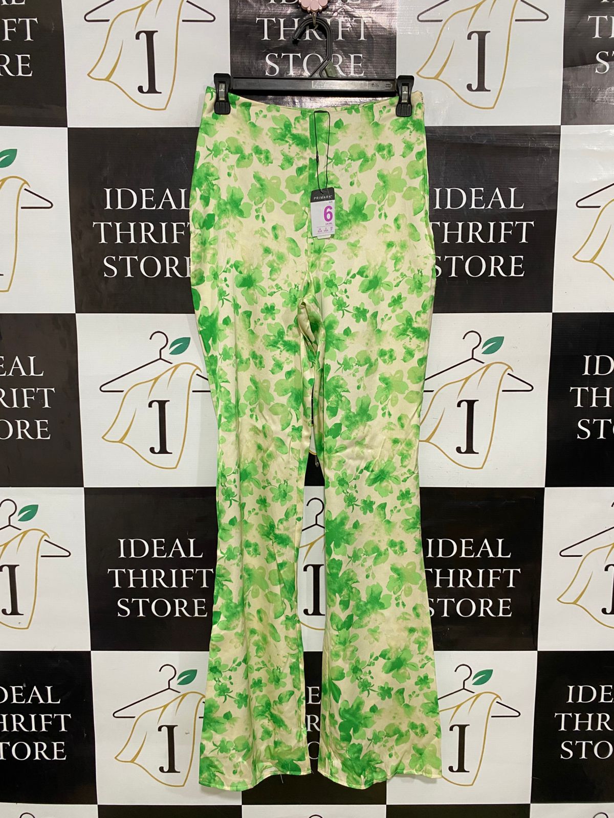 PEIMARK |S| WAIST 26| A33| GREEN & BEIGE FLORAL HIGH-WAIST FLARED TROUSERS