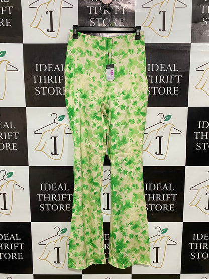 PEIMARK |S| WAIST 26| A33| GREEN & BEIGE FLORAL HIGH-WAIST FLARED TROUSERS
