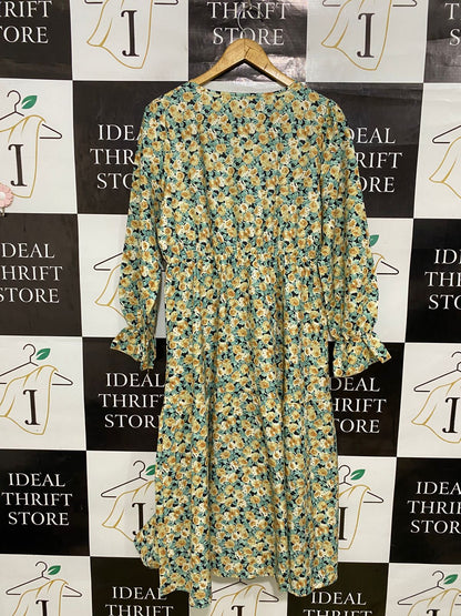 |L| BUST 19| A33| YELLOW & SAGE GREEN FLORAL ROUND-NECK LONG-SLEEVE MIDI DRESS