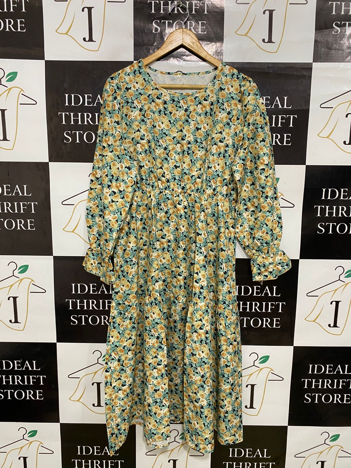 |L| BUST 19| A33| YELLOW & SAGE GREEN FLORAL ROUND-NECK LONG-SLEEVE MIDI DRESS