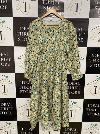 |L| BUST 19| A33| YELLOW & SAGE GREEN FLORAL ROUND-NECK LONG-SLEEVE MIDI DRESS