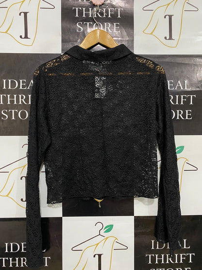 & ME |L| BUST 19| A33| BLACK SHEER LACE BUTTON-UP COLLARED SHIRT