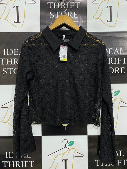 & ME |L| BUST 19| A33| BLACK SHEER LACE BUTTON-UP COLLARED SHIRT