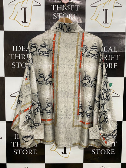 FASHION |L| BUST FREE| A33| NEUTRAL SNAKESKIN & CHAIN-PRINT OVERSIZED BUTTON-UP SHIRT