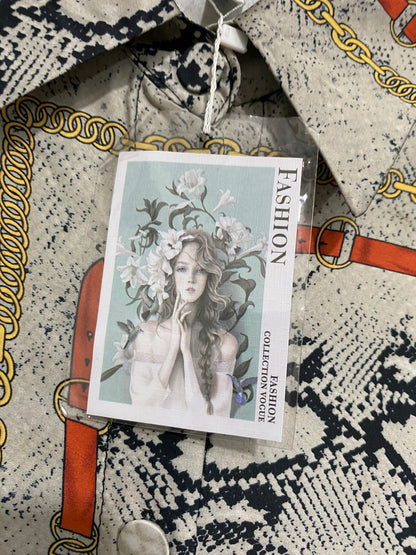 FASHION |L| BUST FREE| A33| NEUTRAL SNAKESKIN & CHAIN-PRINT OVERSIZED BUTTON-UP SHIRT