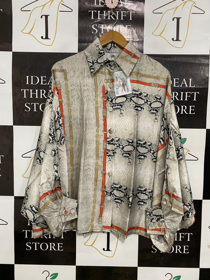 FASHION |L| BUST FREE| A33| NEUTRAL SNAKESKIN & CHAIN-PRINT OVERSIZED BUTTON-UP SHIRT