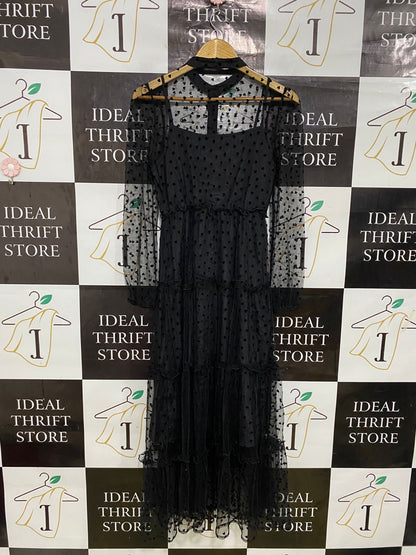 SHEIN |S| BUST 15| A33|BLACK SHEER SWISS-DOT & TIERED LONG-SLEEVE MIDI DRESS