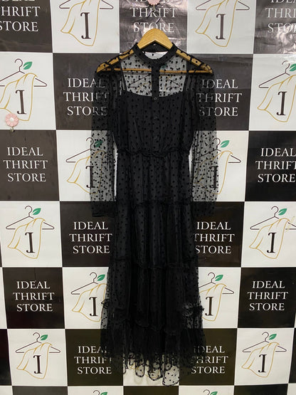 SHEIN |S| BUST 15| A33|BLACK SHEER SWISS-DOT & TIERED LONG-SLEEVE MIDI DRESS