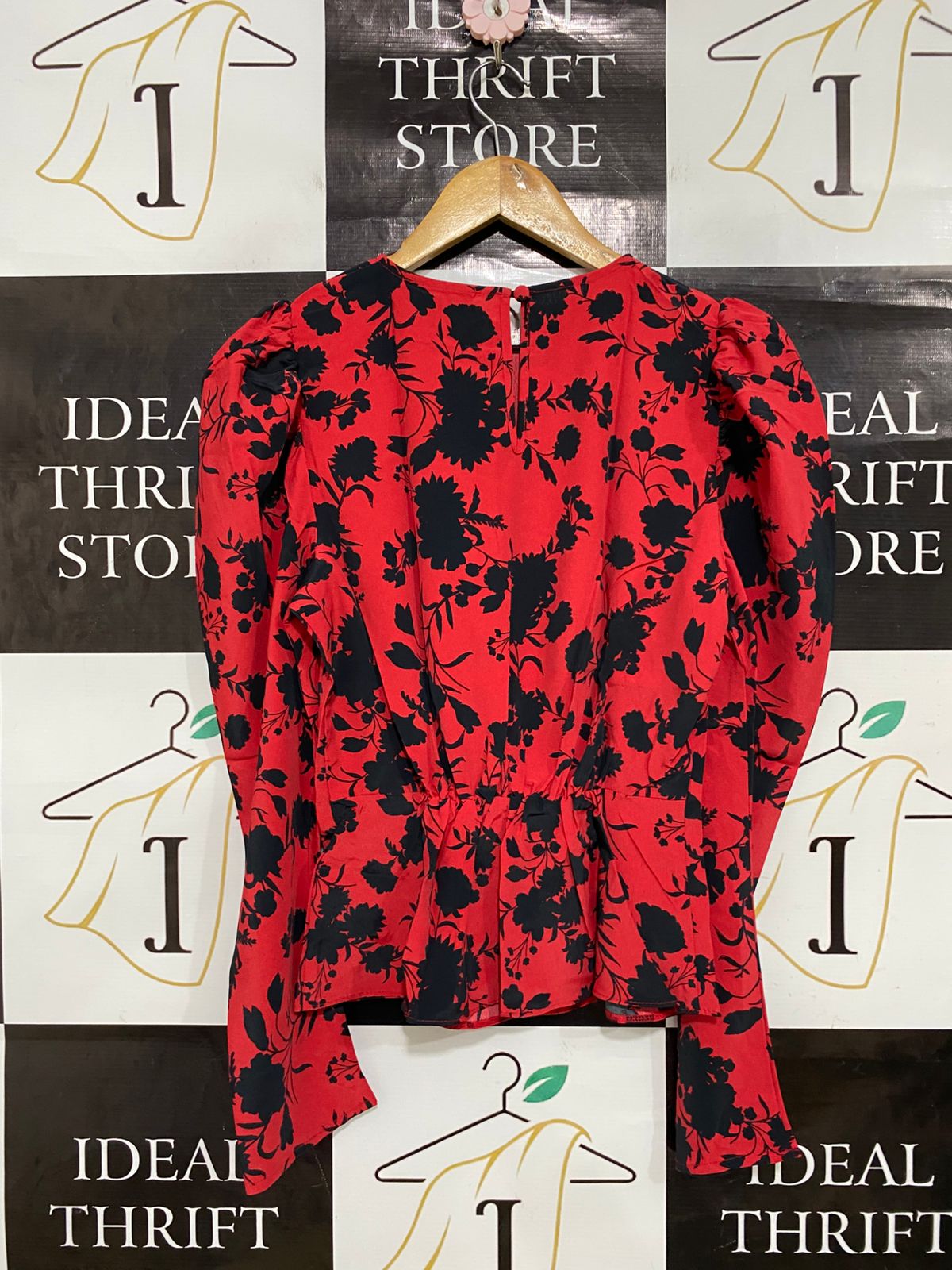 PRIMARK |S| BUST 16| A33| RED & BLACK FLORAL PUFF-SLEEVE BLOUSE