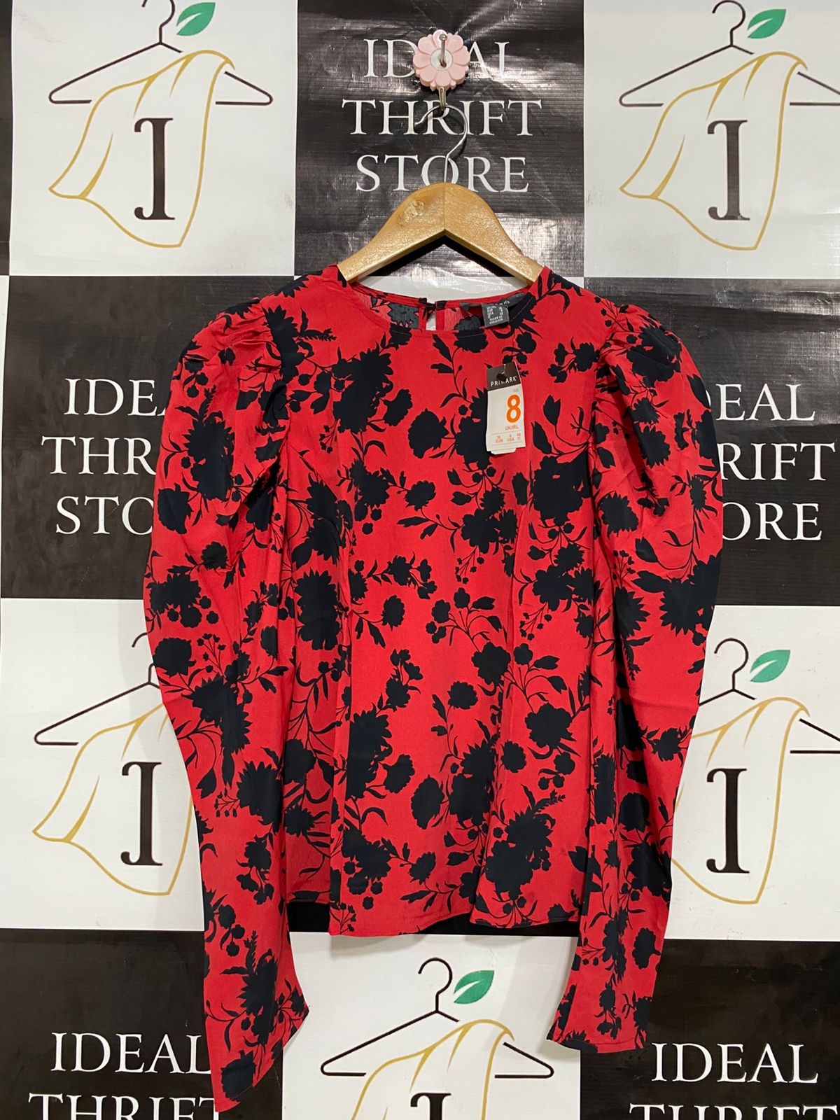 PRIMARK |S| BUST 16| A33| RED & BLACK FLORAL PUFF-SLEEVE BLOUSE