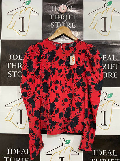 PRIMARK |S| BUST 16| A33| RED & BLACK FLORAL PUFF-SLEEVE BLOUSE