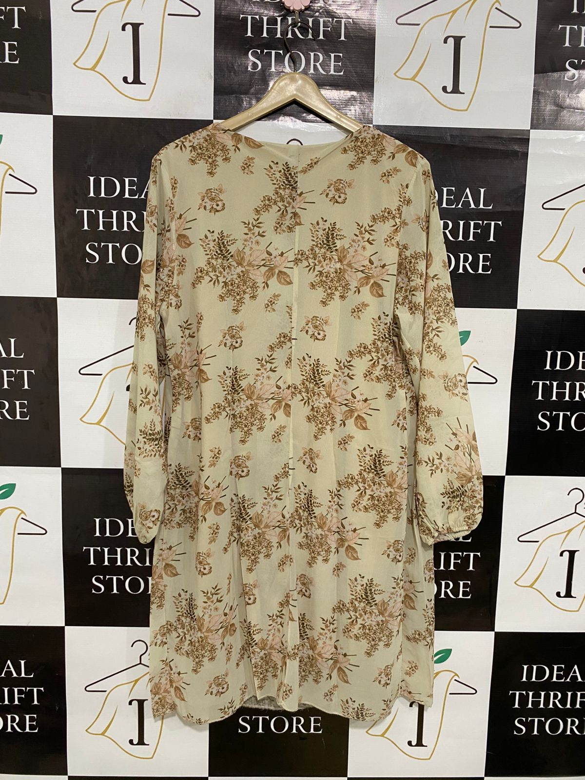 |L| BUST 20| A33| CREAM & BROWN FLORAL ROUND-NECK LONG-SLEEVE MIDI DRESS