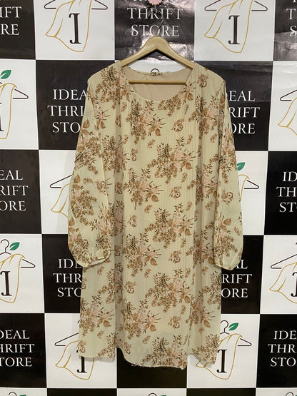 |L| BUST 20| A33| CREAM & BROWN FLORAL ROUND-NECK LONG-SLEEVE MIDI DRESS