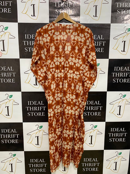 PRIMARK CARES |M| BUST FREE| A33| RUST BROWN TIE-DYE GEOMETRIC KAFTAN MIDI DRESS
