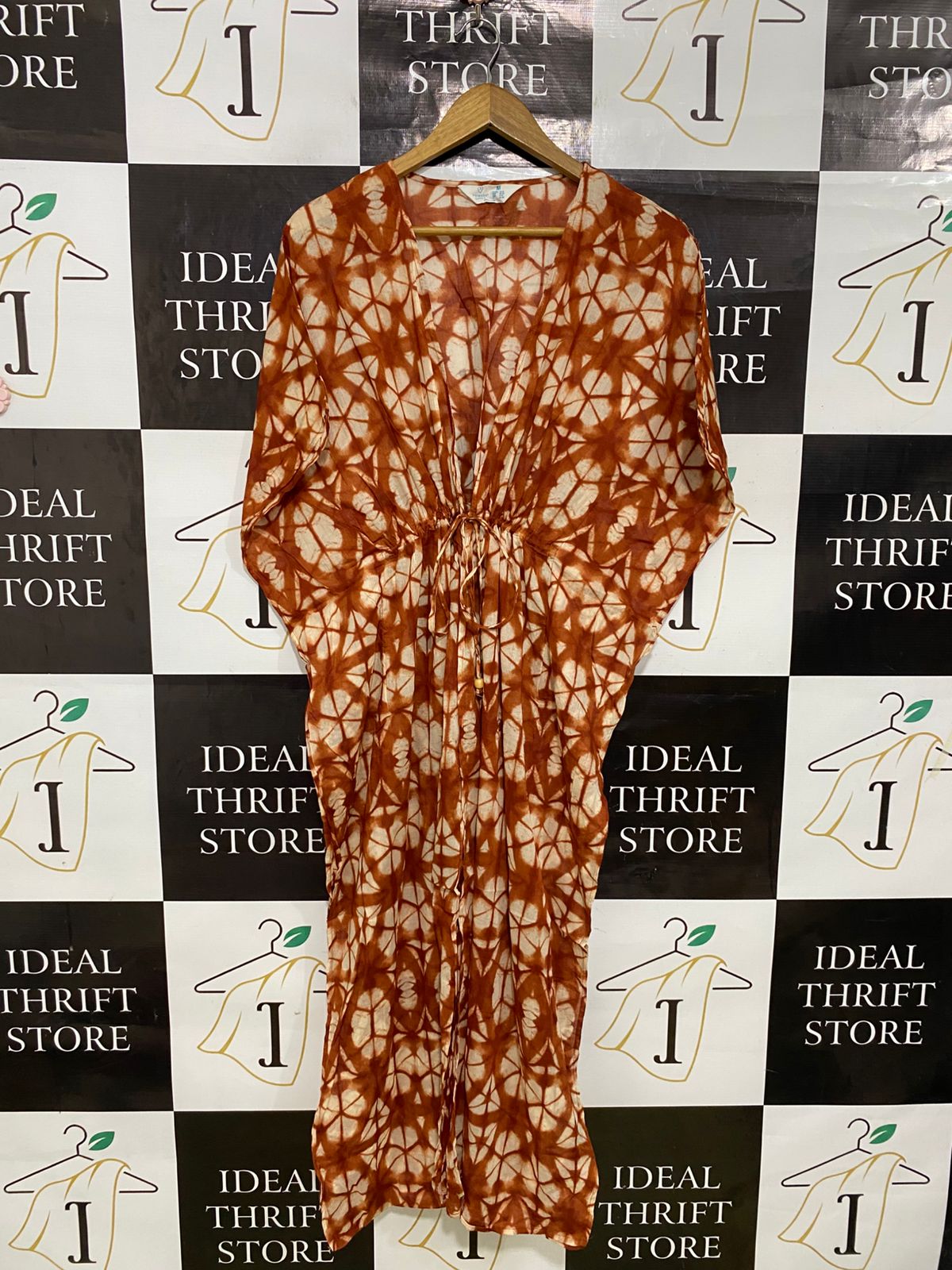 PRIMARK CARES |M| BUST FREE| A33| RUST BROWN TIE-DYE GEOMETRIC KAFTAN MIDI DRESS