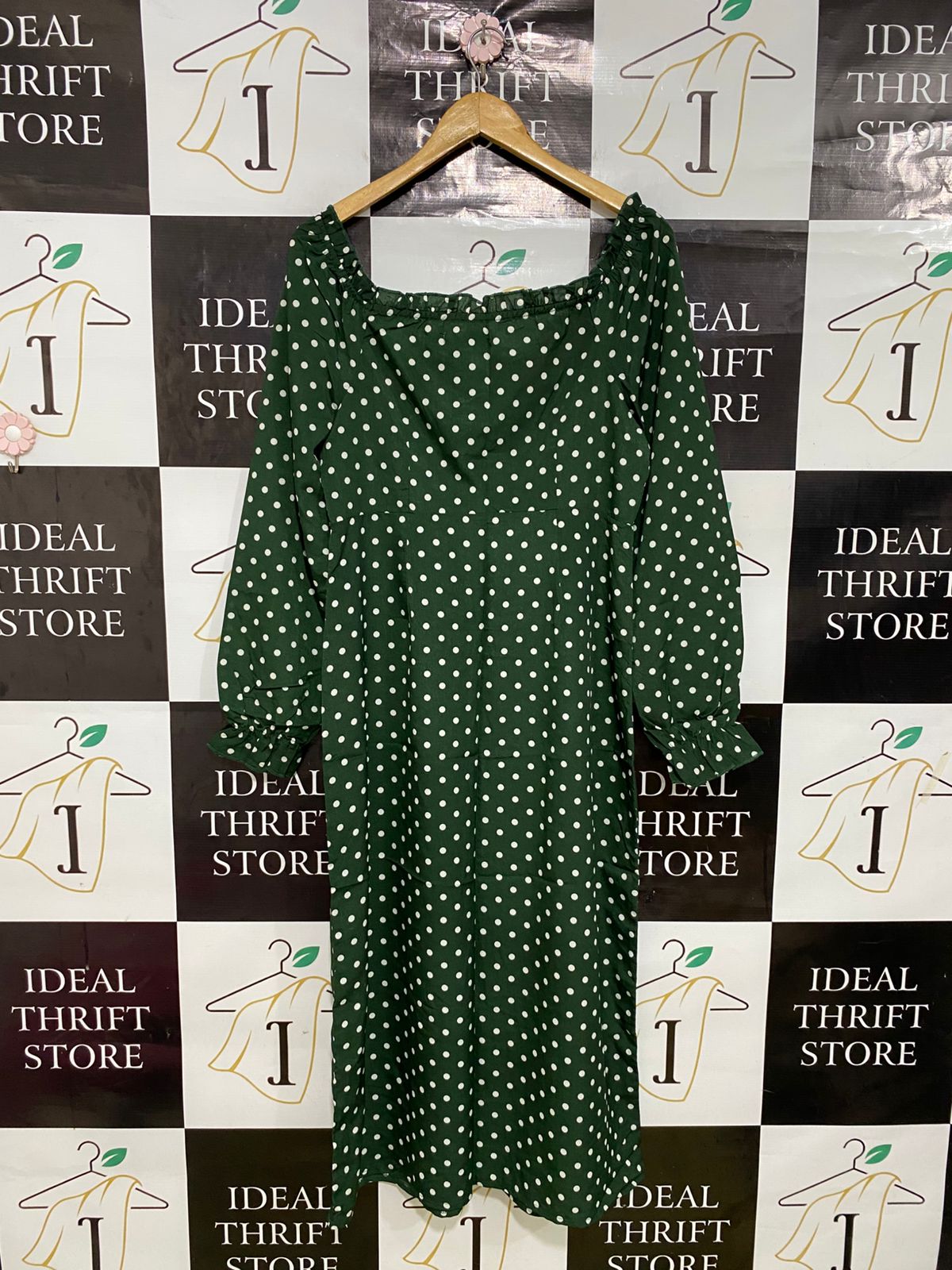 MISSGUIDED |L| BUST 18| A33| FOREST GREEN & WHITE POLKA-DOT SQUARE-NECK MIDI DRESS