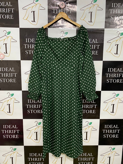 MISSGUIDED |L| BUST 18| A33| FOREST GREEN & WHITE POLKA-DOT SQUARE-NECK MIDI DRESS