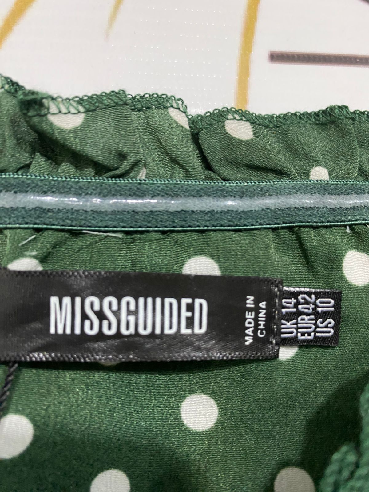 MISSGUIDED |L| BUST 18| A33| FOREST GREEN & WHITE POLKA-DOT SQUARE-NECK MIDI DRESS