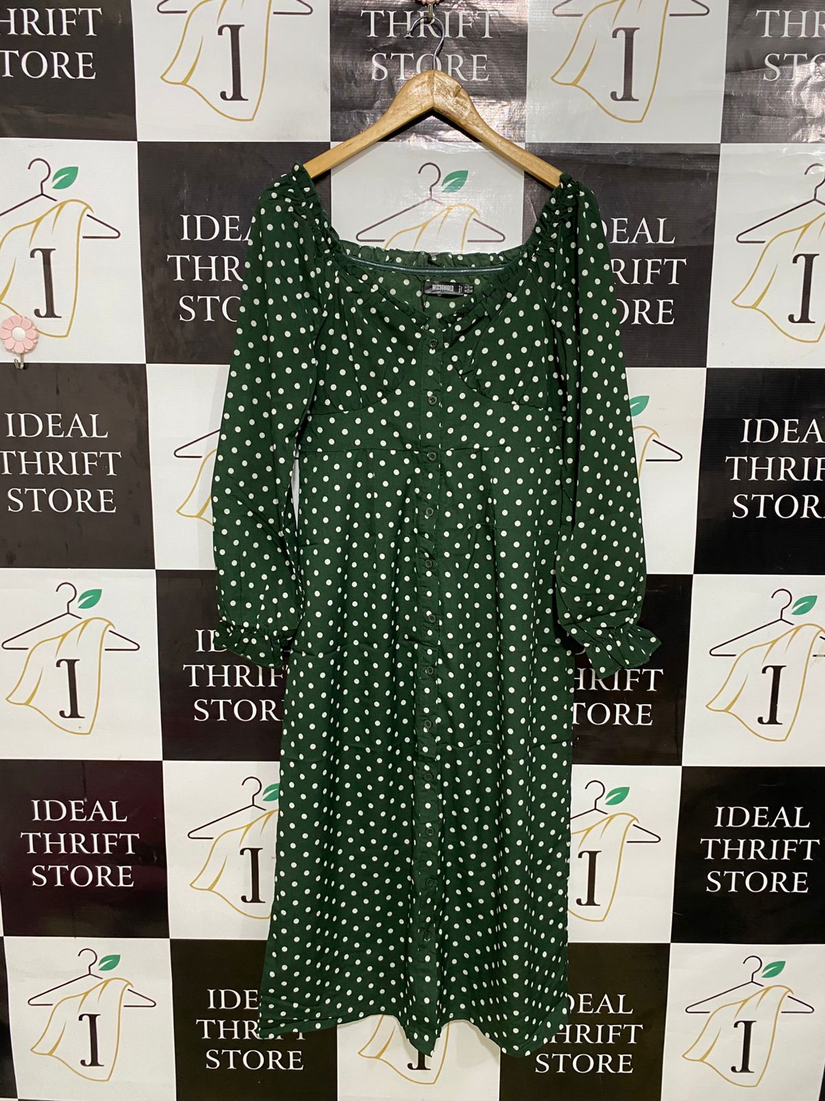 MISSGUIDED |L| BUST 18| A33| FOREST GREEN & WHITE POLKA-DOT SQUARE-NECK MIDI DRESS
