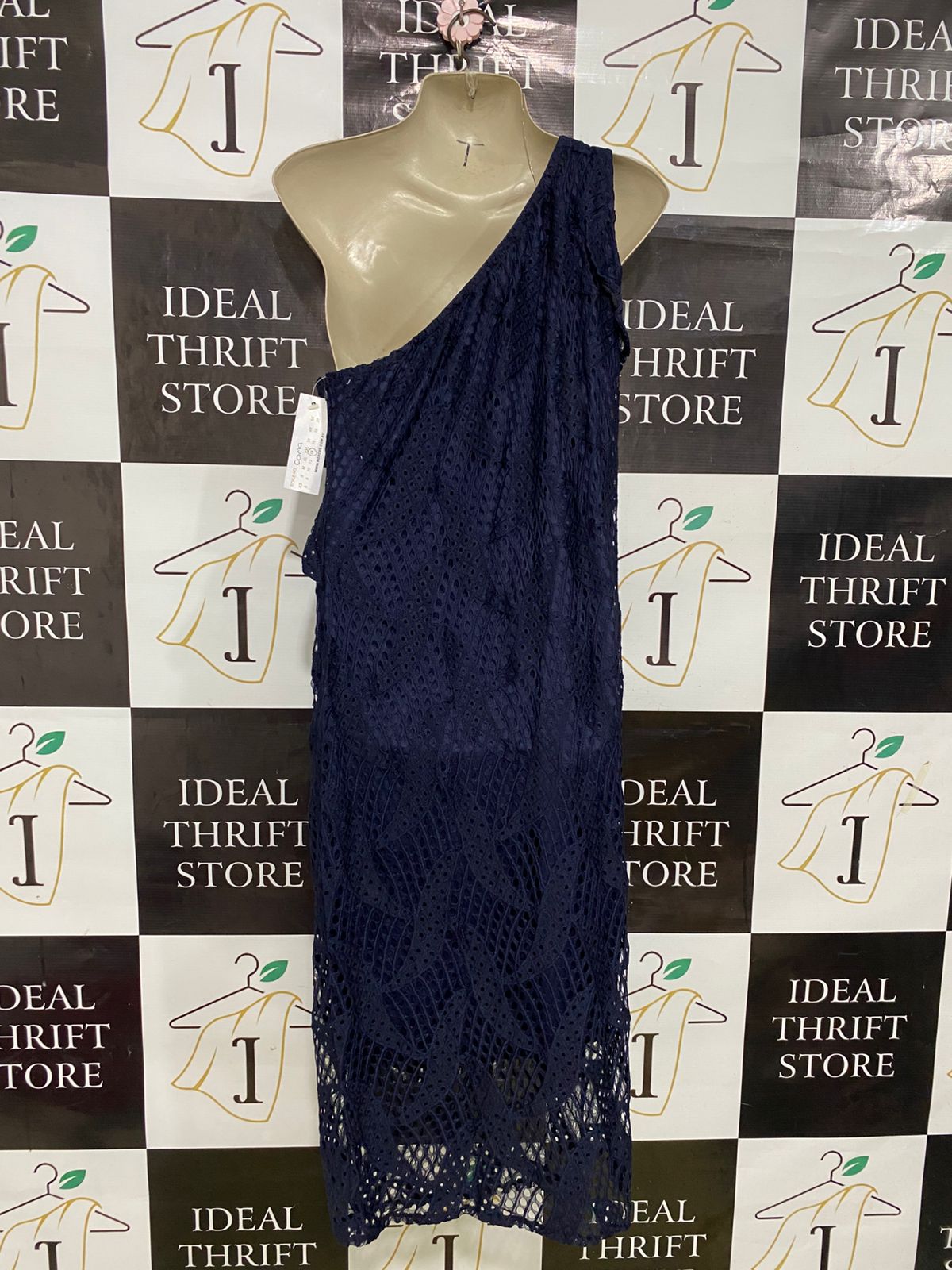 ROXCIIL |M| BUST 17| A33| NAVY BLUE ONE-SHOULDER LACE MIDI DRESS