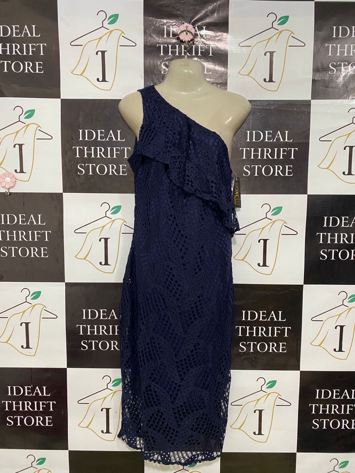 ROXCIIL |M| BUST 17| A33| NAVY BLUE ONE-SHOULDER LACE MIDI DRESS