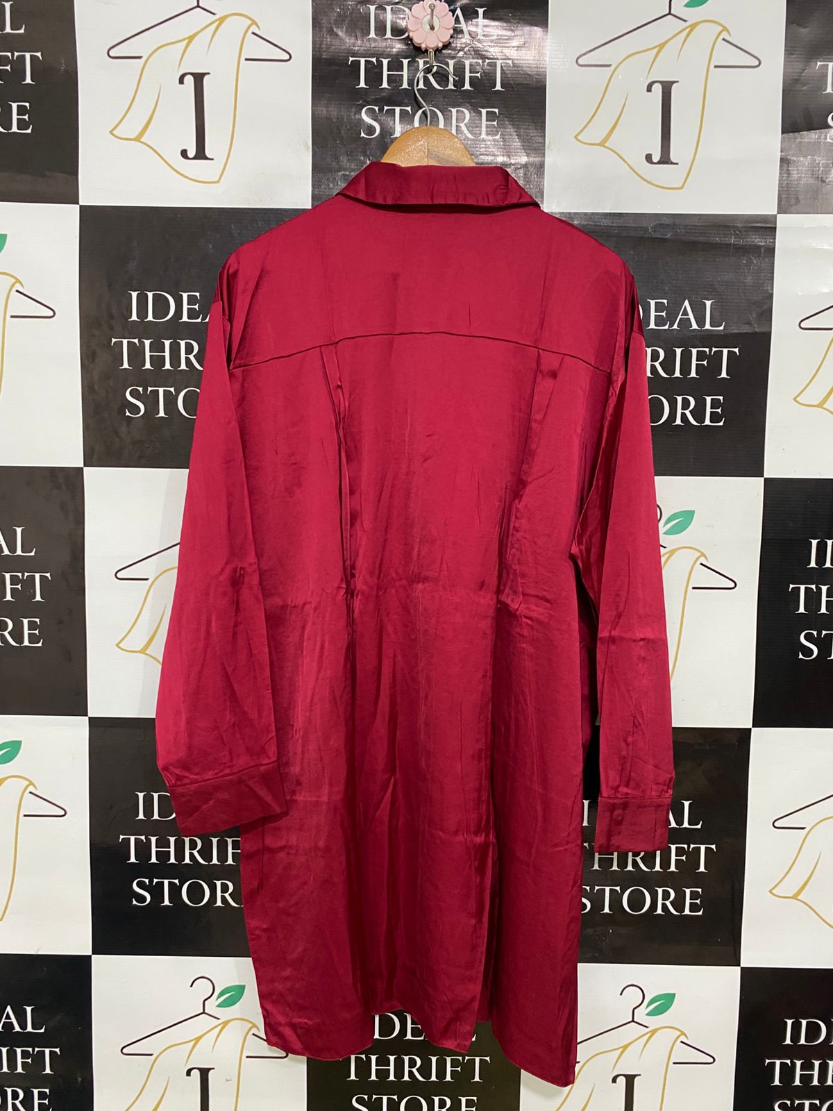 PRIMARK |XL| BUST 24| A33| CRIMSON SATIN OVERSIZED BUTTON-UP SHIRT DRESS