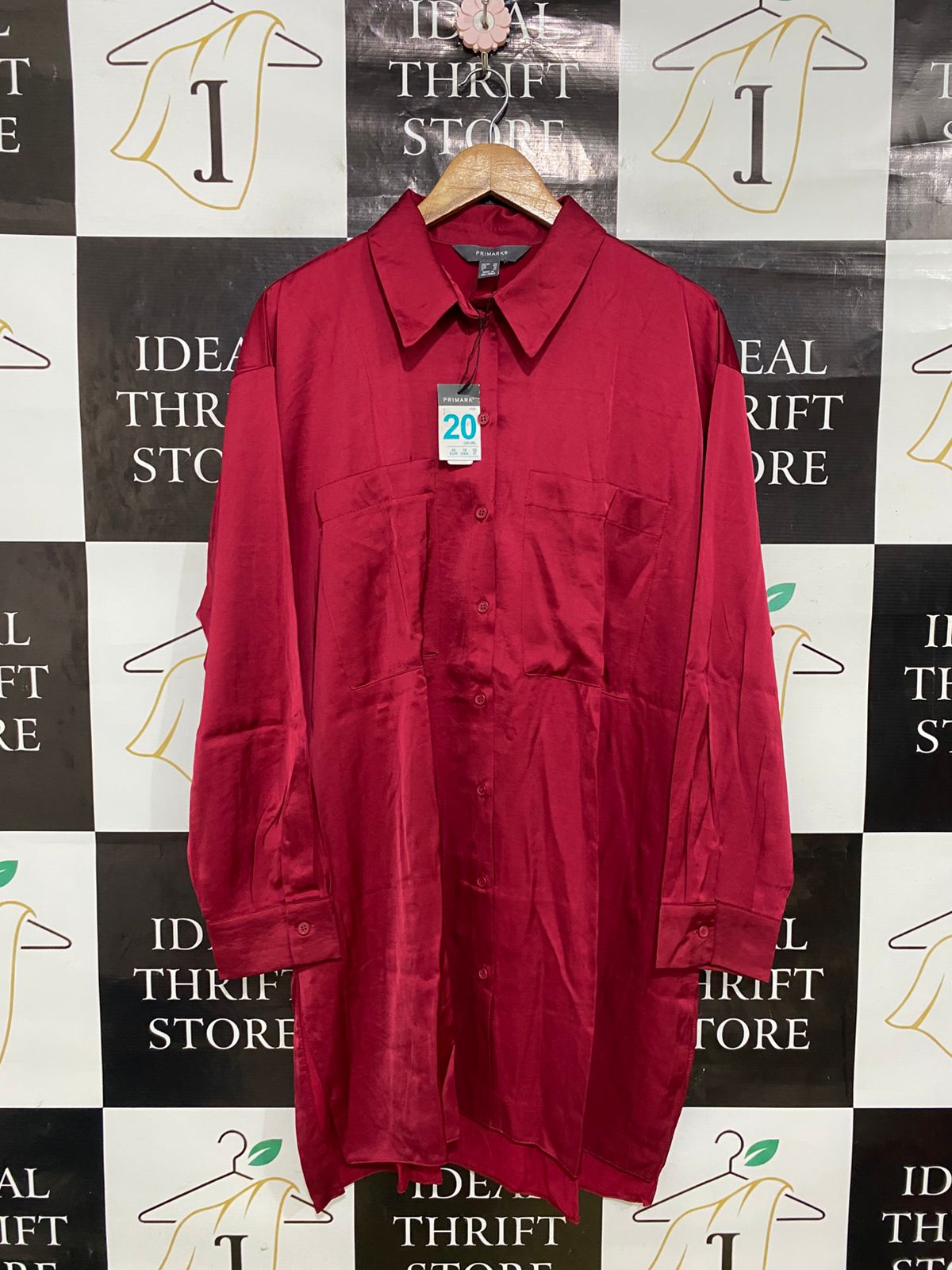 PRIMARK |XL| BUST 24| A33| CRIMSON SATIN OVERSIZED BUTTON-UP SHIRT DRESS