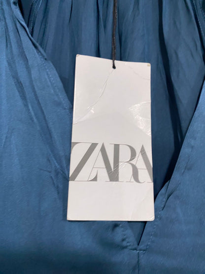 ZARA |S| BUST 17| A33| DUSTY BLUE SATIN LONG-SLEEVE MIDI DRESS