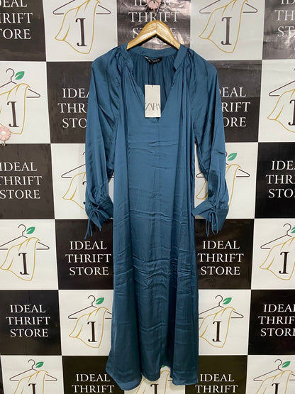 ZARA |S| BUST 17| A33| DUSTY BLUE SATIN LONG-SLEEVE MIDI DRESS
