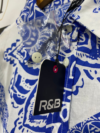 R & B |L| BUST 20| A33| BLUE & WHITE PAISLEY PRINT TIE-WAIST SHIRT DRESS