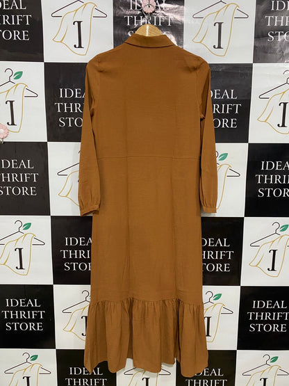 PRIMARK |S| BUST 18| A33| CARAMEL BROWN BUTTON-UP FLUNCE MIDI DRESS