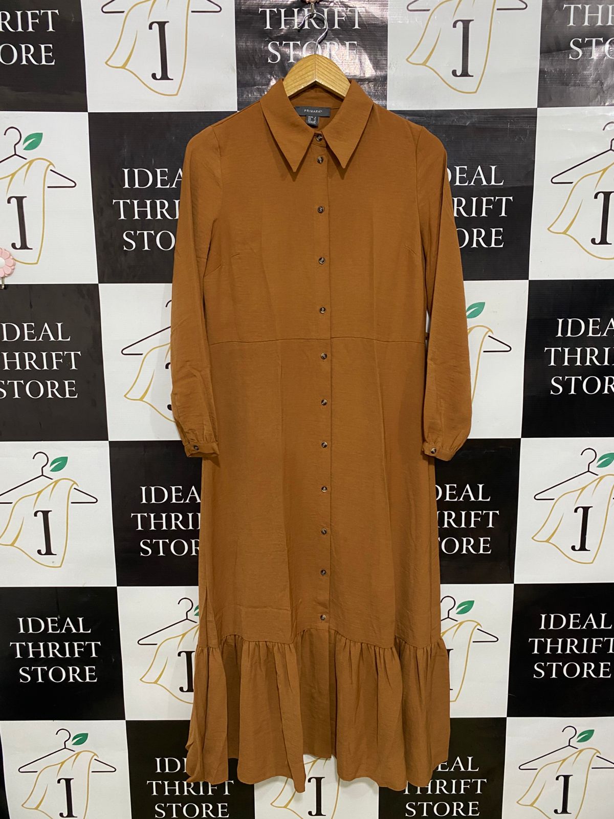 PRIMARK |S| BUST 18| A33| CARAMEL BROWN BUTTON-UP FLUNCE MIDI DRESS