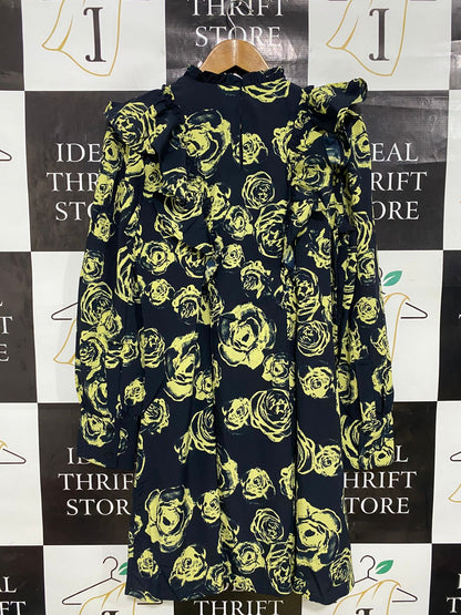 AWARE |L| BUST 19| A33| BLACK & YELLOW ROSE PRINT RUFFLED LONG-SLEEVE DRESS