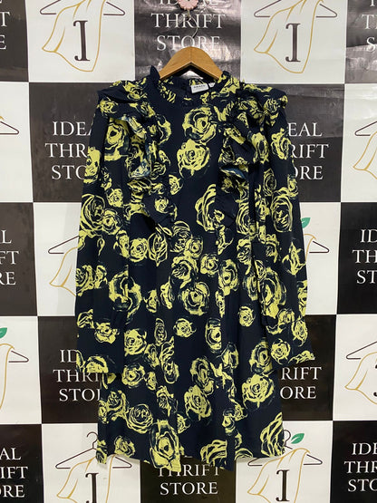 AWARE |L| BUST 19| A33| BLACK & YELLOW ROSE PRINT RUFFLED LONG-SLEEVE DRESS