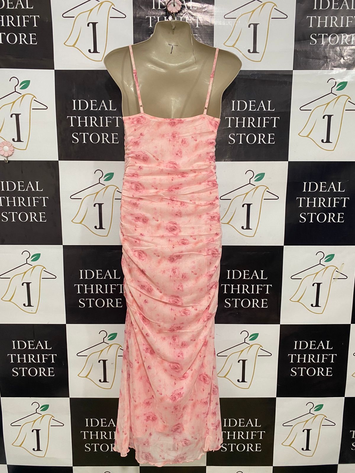 SHEIN |XS| BUST 15| A33| PINK RUCHED MESH ROSE PRINT SLIP MIDI DRESS